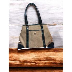 Etienne Aigner Woven Tan & Navy Blue Shoulder Bag Faux Leather Trim Handbag